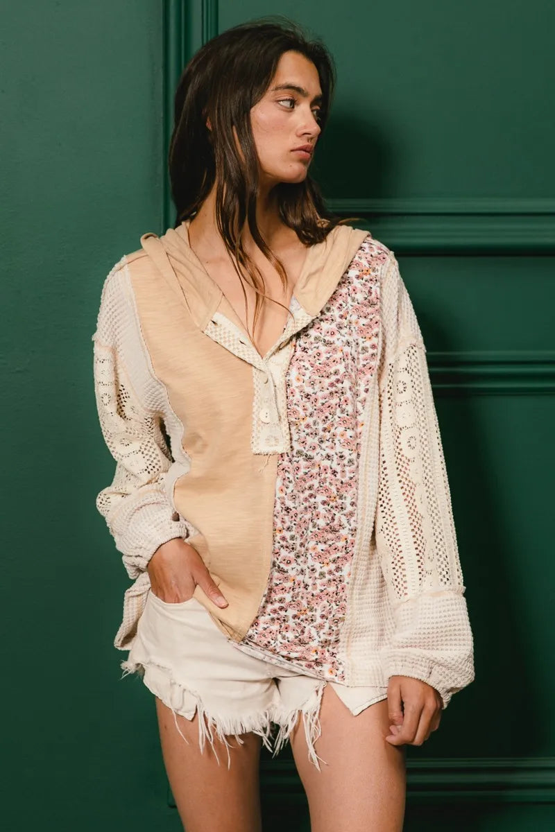 BiBi Slub Jersey with Lace Combo Buttoned Hoodie Top - Tigbul's Variety Fashion Shop