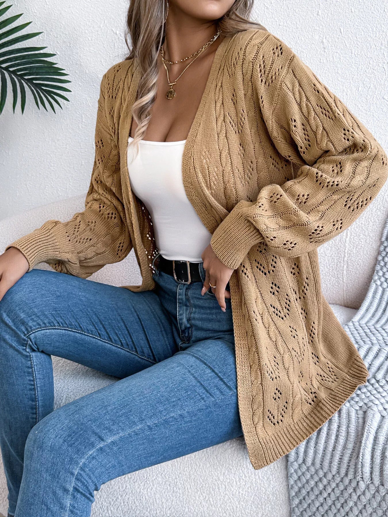 Openwork Open Front Long Sleeve Cardigan - Tigbul's Variety Fashion Shop