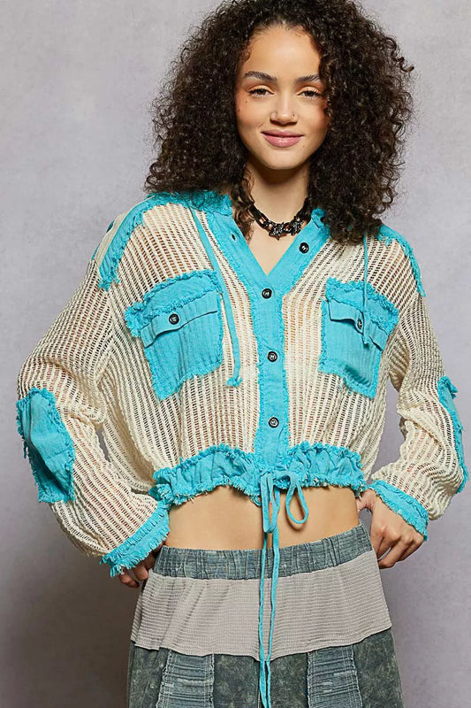 POL Texture Woven Button Down Hooded Shirt with Drawstring Hem - Tigbul's Variety Fashion Shop