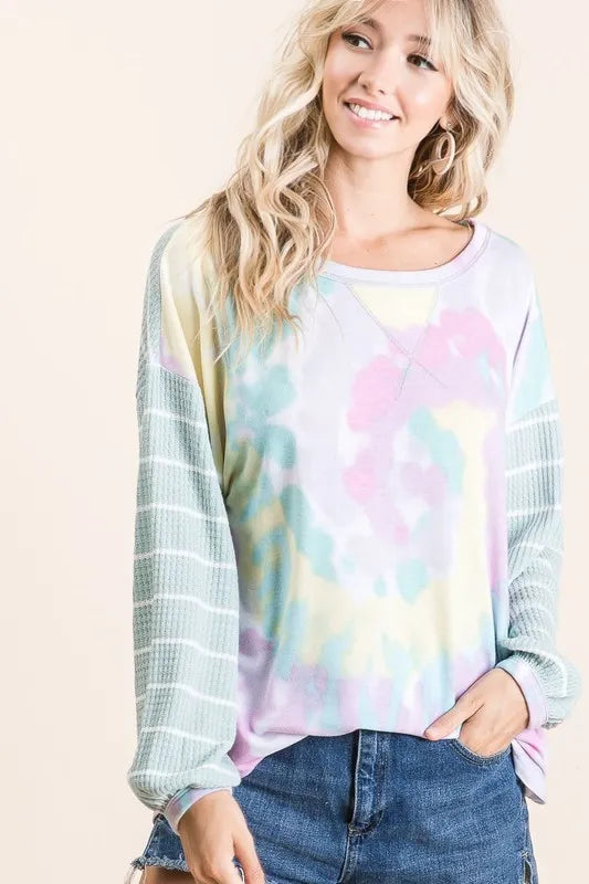 BiBi Tie Dye Terry Top with Wide Stripe Thermal Waffle - Tigbul's Variety Fashion Shop