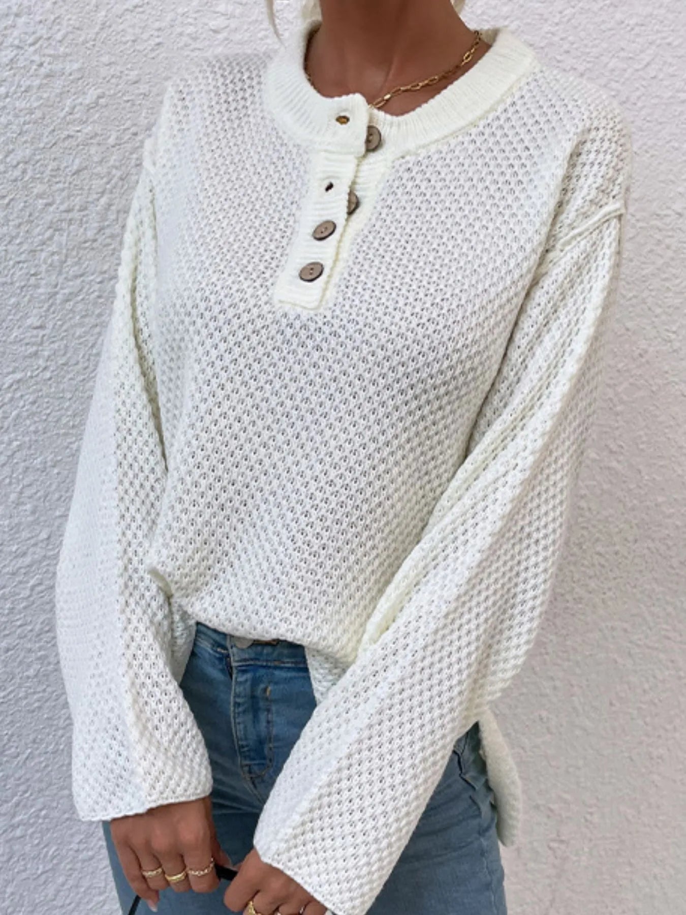 Button Detail Long Sleeve Knit Top - Tigbul's Variety Fashion Shop