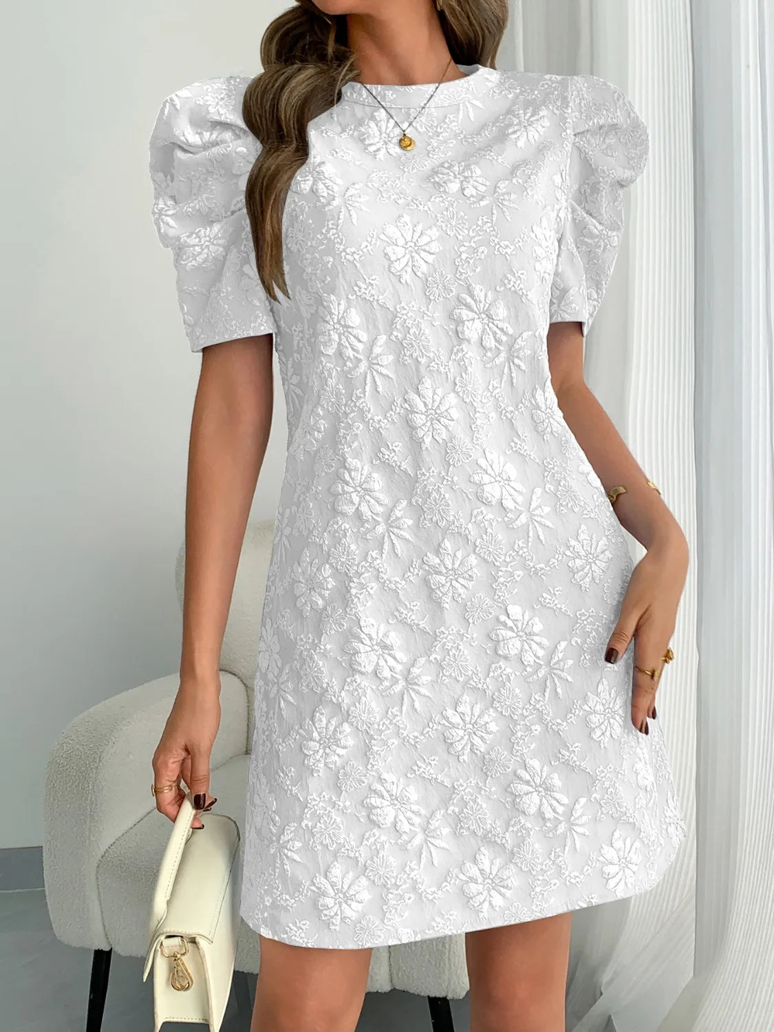 Round Neck Puff Short Sleeve Mini Dress - Tigbul's Variety Fashion Shop