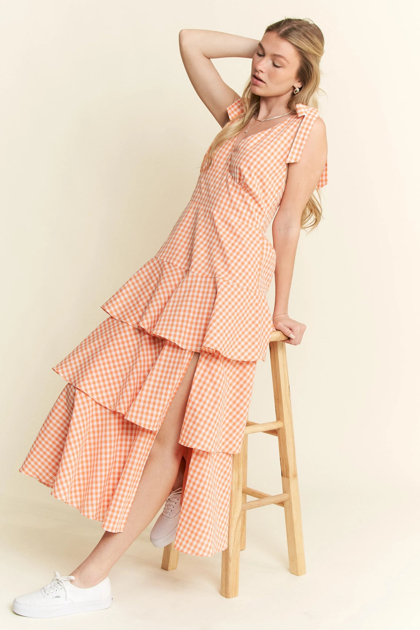Orange Sleeveless Gingham Print Tiered Midi Dress - Tigbul's Variety Fashion Shop