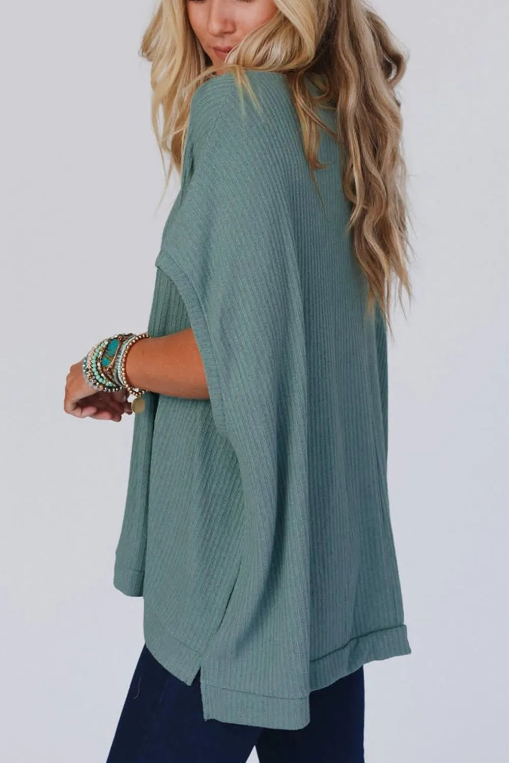 Blue Oversized Ribbed Knit V Neck Dolman Short Sleeve Top - Tigbul's Variety Fashion Shop
