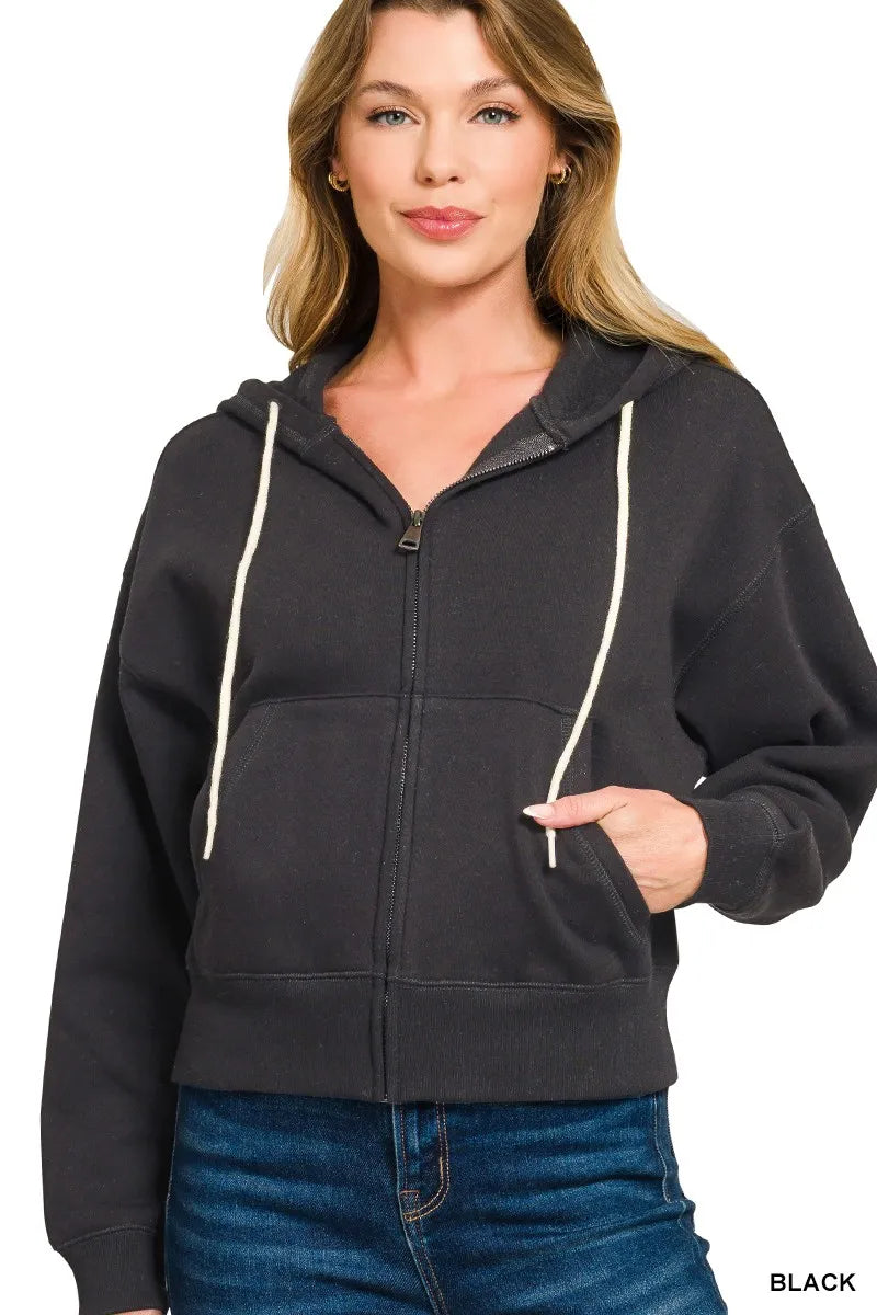 Zenana Fleece Cropped Zip-up Hoodie with Pockets - Tigbul's Variety Fashion Shop