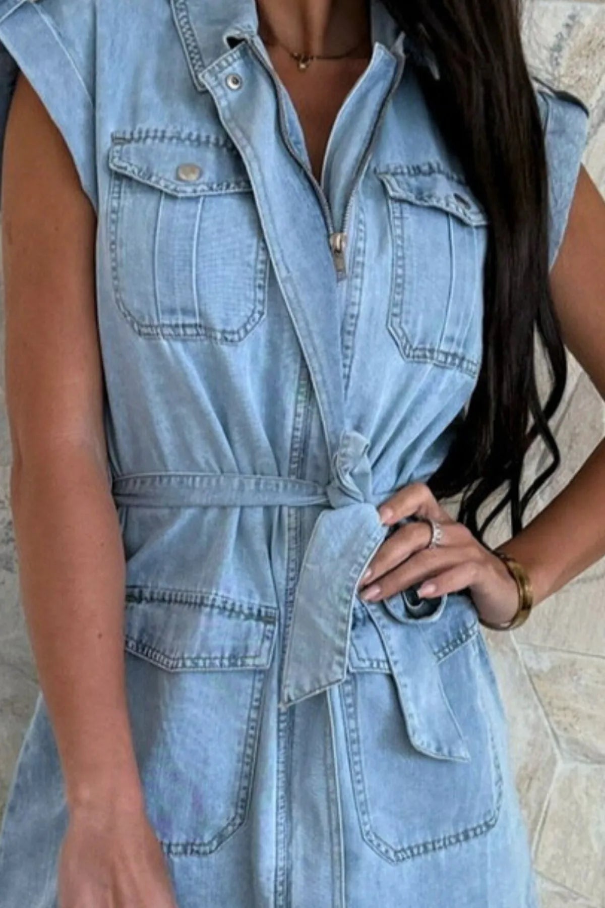 Casual Tie Waist Denim Mini Dress - Tigbul's Variety Fashion Shop