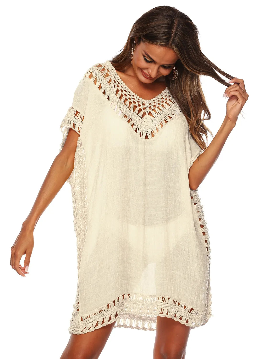 Bohemian Crochet Trim Beach Cover Up Dress - Tigbul's Variety Fashion Shop