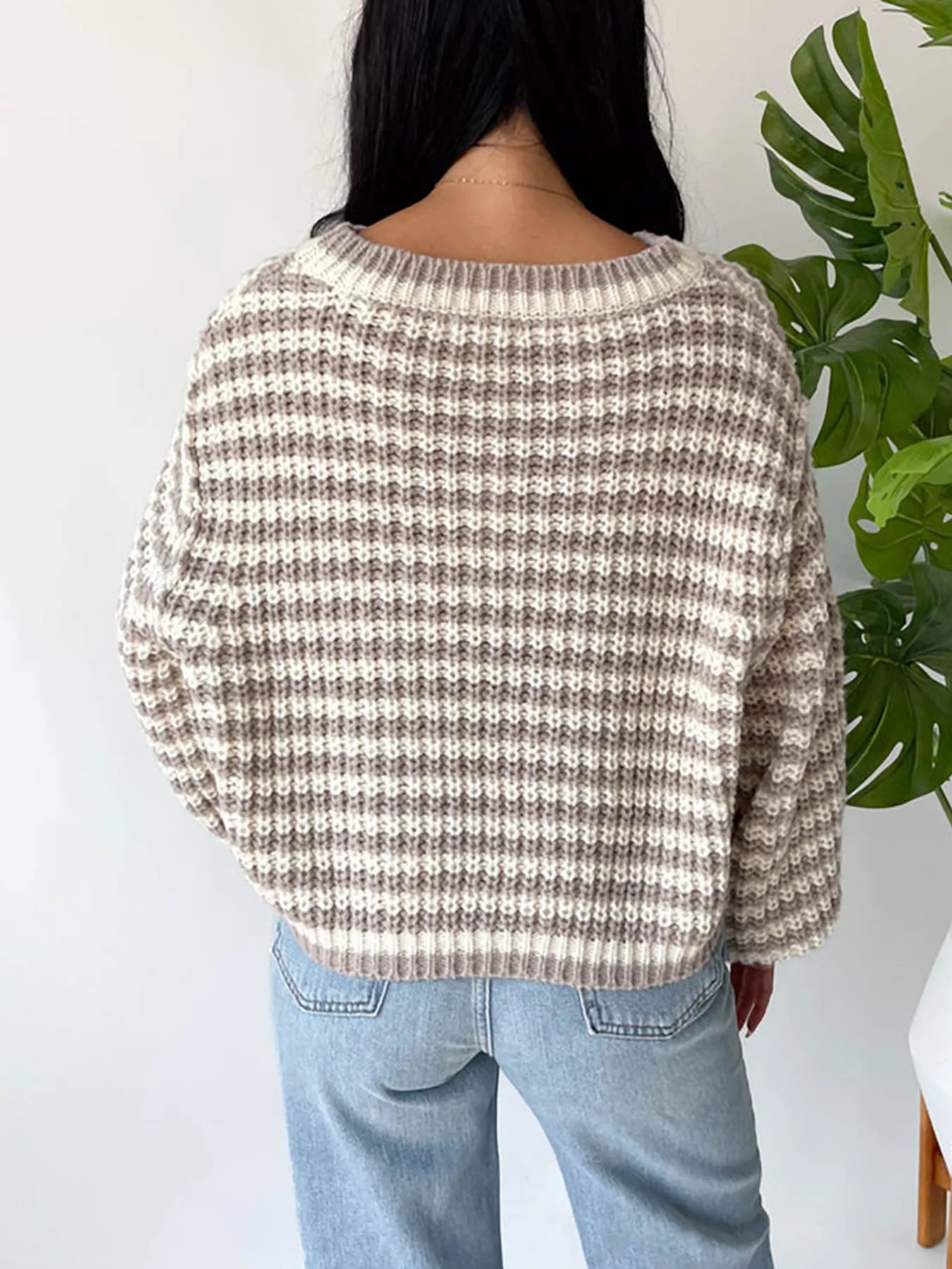 Oversized Striped Drop Shoulder Sweater - Tigbul's Variety Fashion Shop