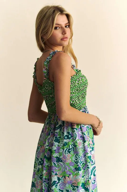Multi Smocked Bodice Geo Ruffle Strappy Midi Dress - Tigbul's Variety Fashion Shop