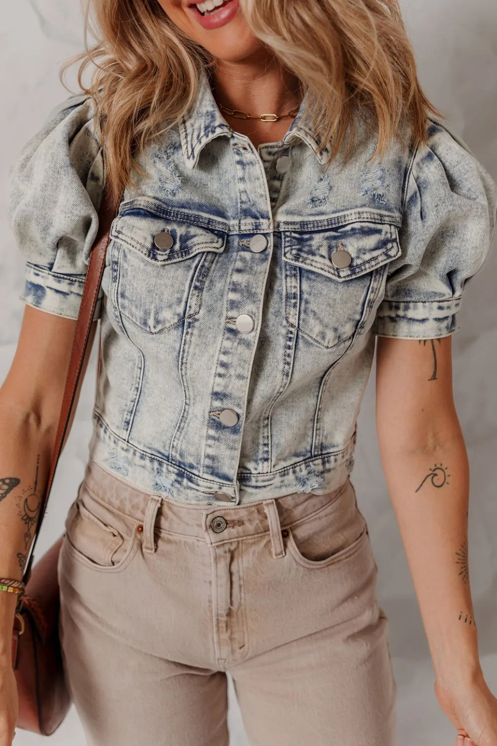 Wash Buttoned Chest Pocket Puff Sleeve Denim Jacket - Tigbul's Variety Fashion Shop