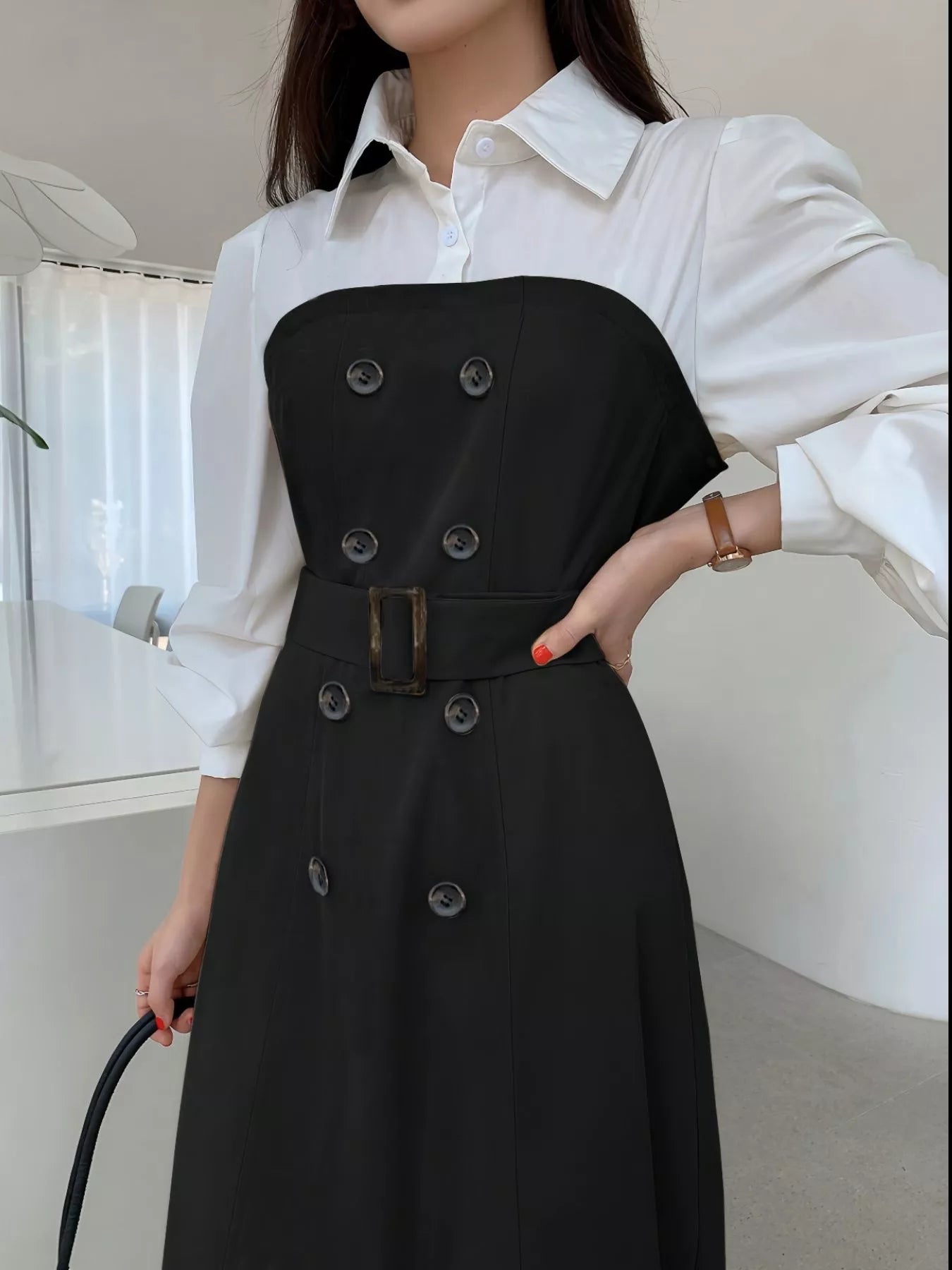 Two Tone Long Sleeve Collared Neck Dress - Tigbul's Variety Fashion Shop