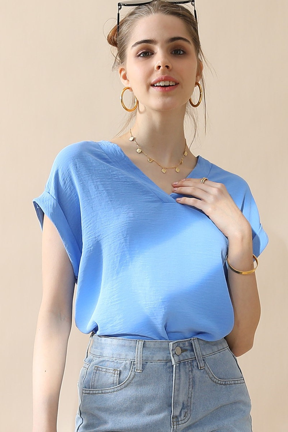 Ninexis V-Neck Trim Rolled Short Sleeve Shirt - Tigbuls Variety Fashion
