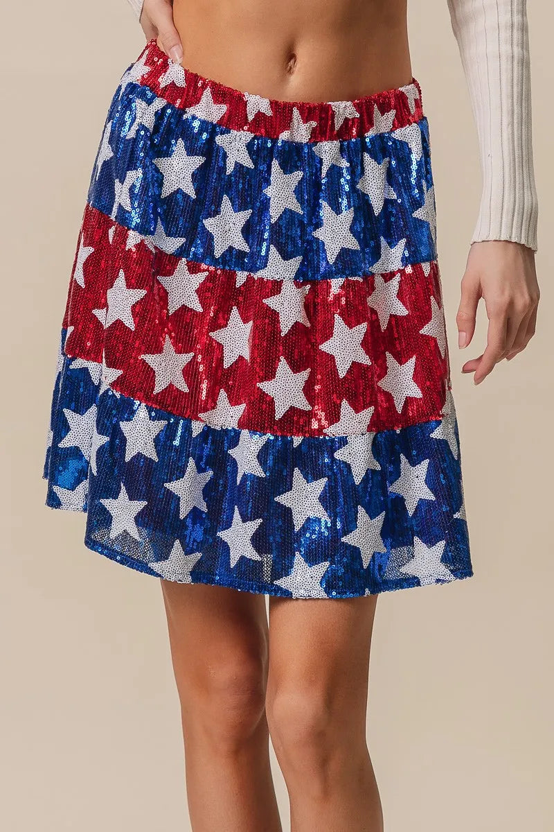 American Flag Theme Star Sequin Tiered Skirt - Tigbul's Variety Fashion Shop