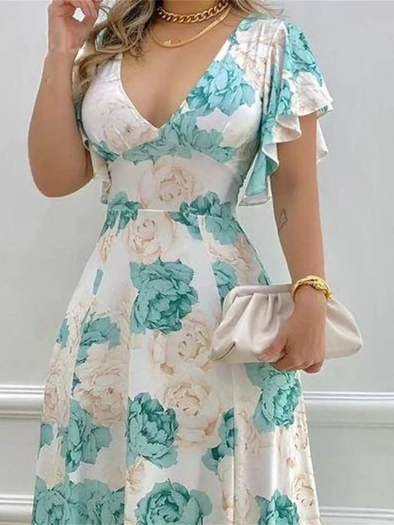 Plus Size Floral Print V-Neck Maxi Dress with Flutter Sleeves - Tigbul's Variety Fashion Shop