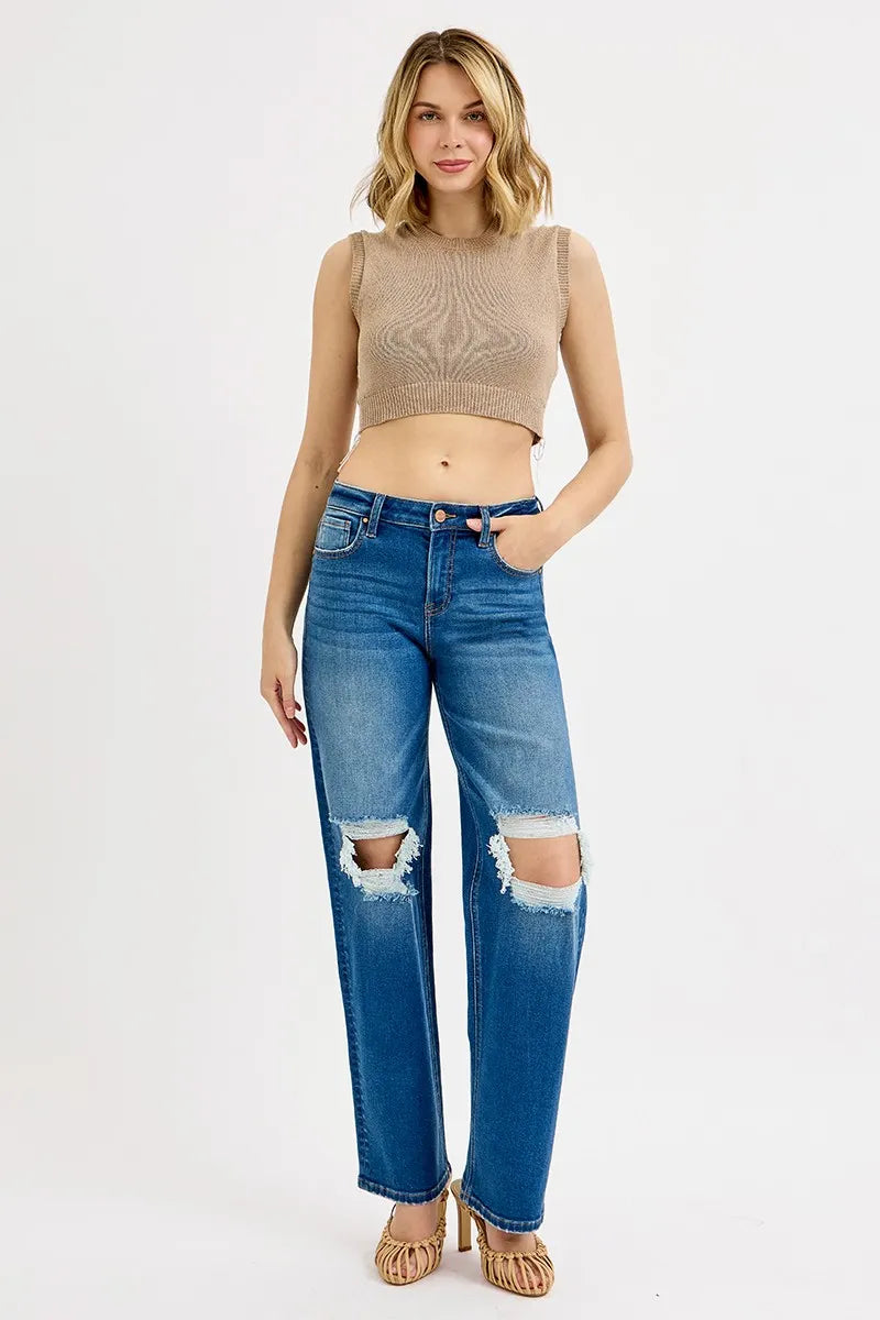 RISEN Full Size Mid Waist Fit Boyfriend Knee Distressed Jeans Plus Size - Tigbul's Variety Fashion Shop