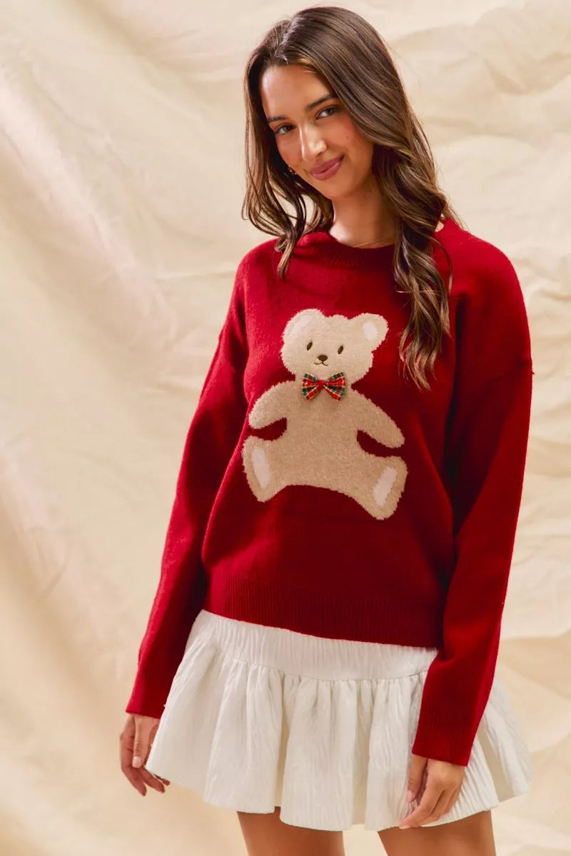 SO ME Teddy Bear With Check Ribbon Christmas Sweater - Tigbul's Variety Fashion Shop