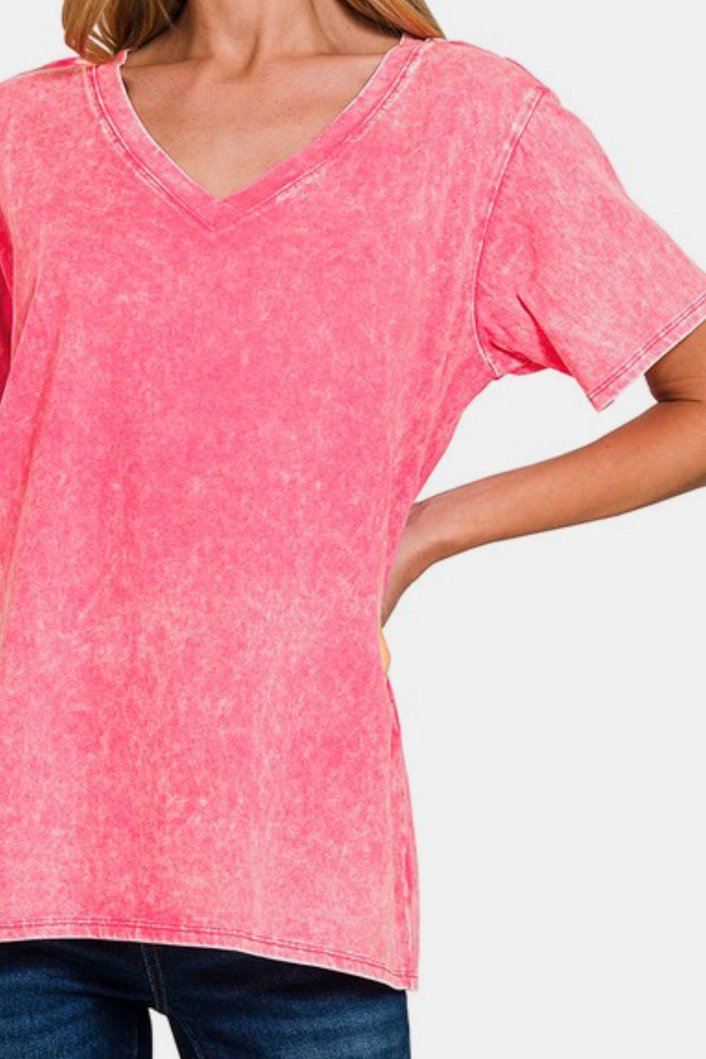 Pink Short Sleeve V-Neck T-Shirt - Tigbul's Variety Fashion Shop