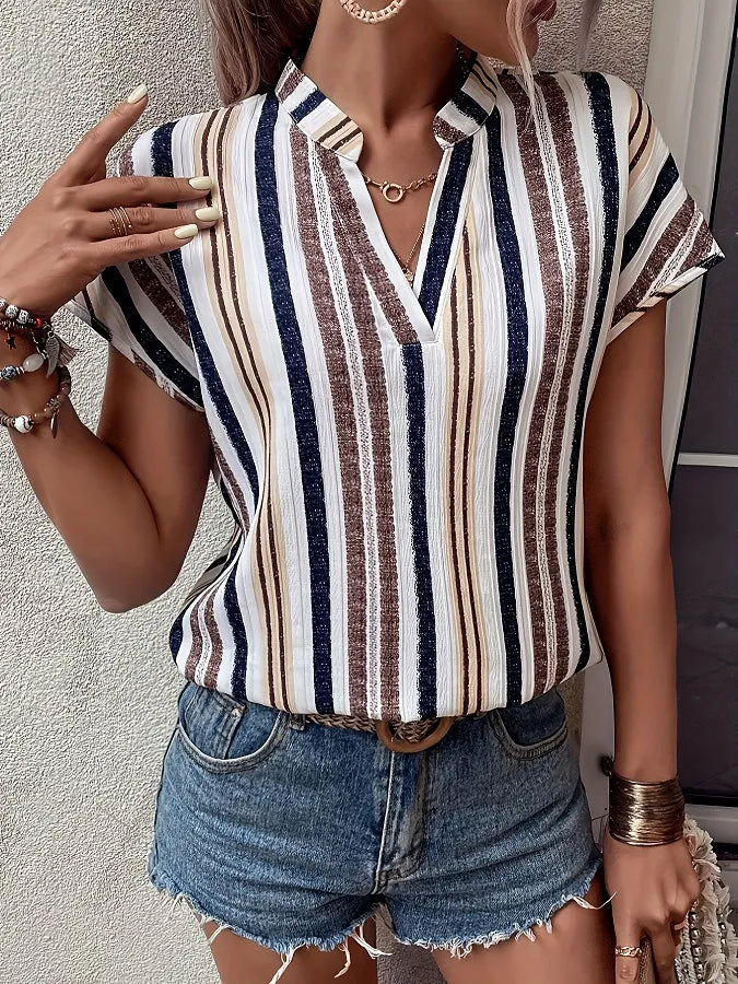 Striped Notched Short Sleeve Shirt - Tigbul's Variety Fashion Shop