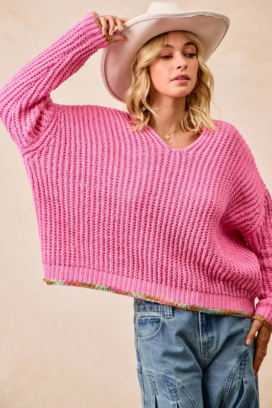 BiBi V-Neck Sweater with Colorful Trim - Tigbul's Variety Fashion Shop