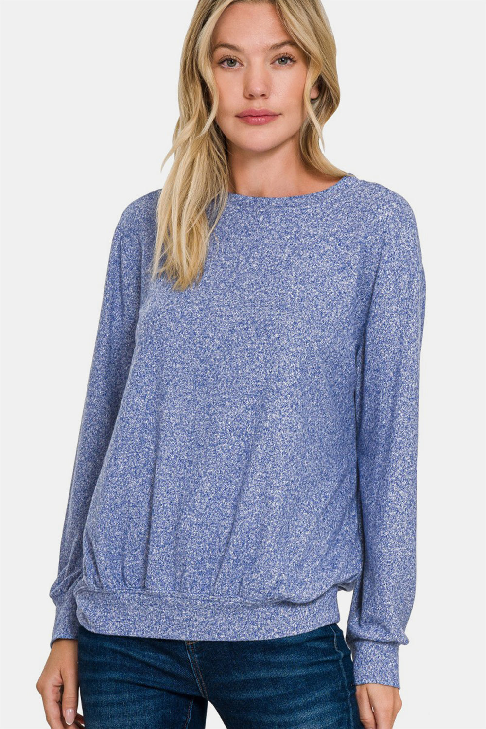 Light Navy Melange Round Neck Top - Tigbul's Variety Fashion Shop