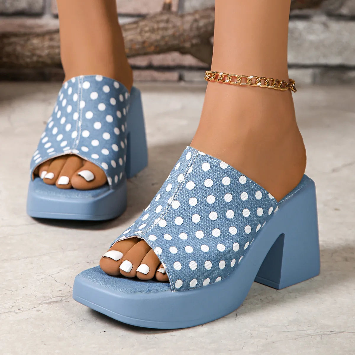 Polka Dot Block Heels Blue Denim Sandals - Tigbul's Variety Fashion Shop