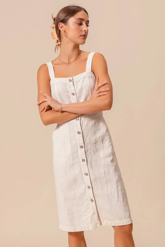 Button Down Pocket Front Off White Pinafore Dress - Tigbul's Variety Fashion Shop