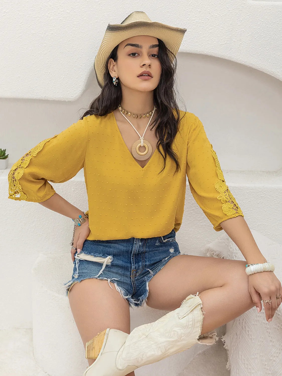 Yellow V-Neck Lace Three-Quarter Sleeve Top - Tigbul's Variety Fashion Shop