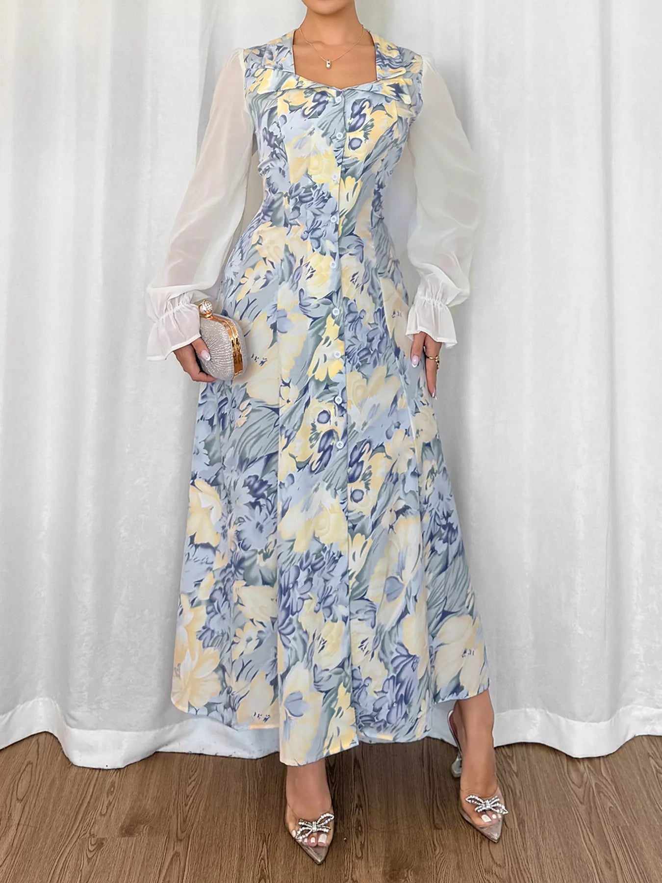 Floral Print Sheer Flounce Sleeves Dress - Tigbul's Variety Fashion Shop