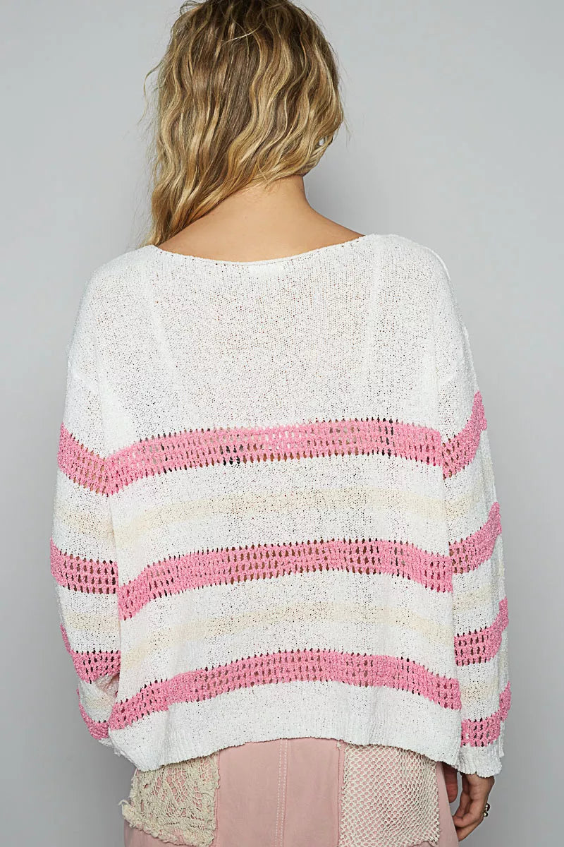 POL Striped Openwork Round Neck Knit Top - Tigbul's Variety Fashion Shop