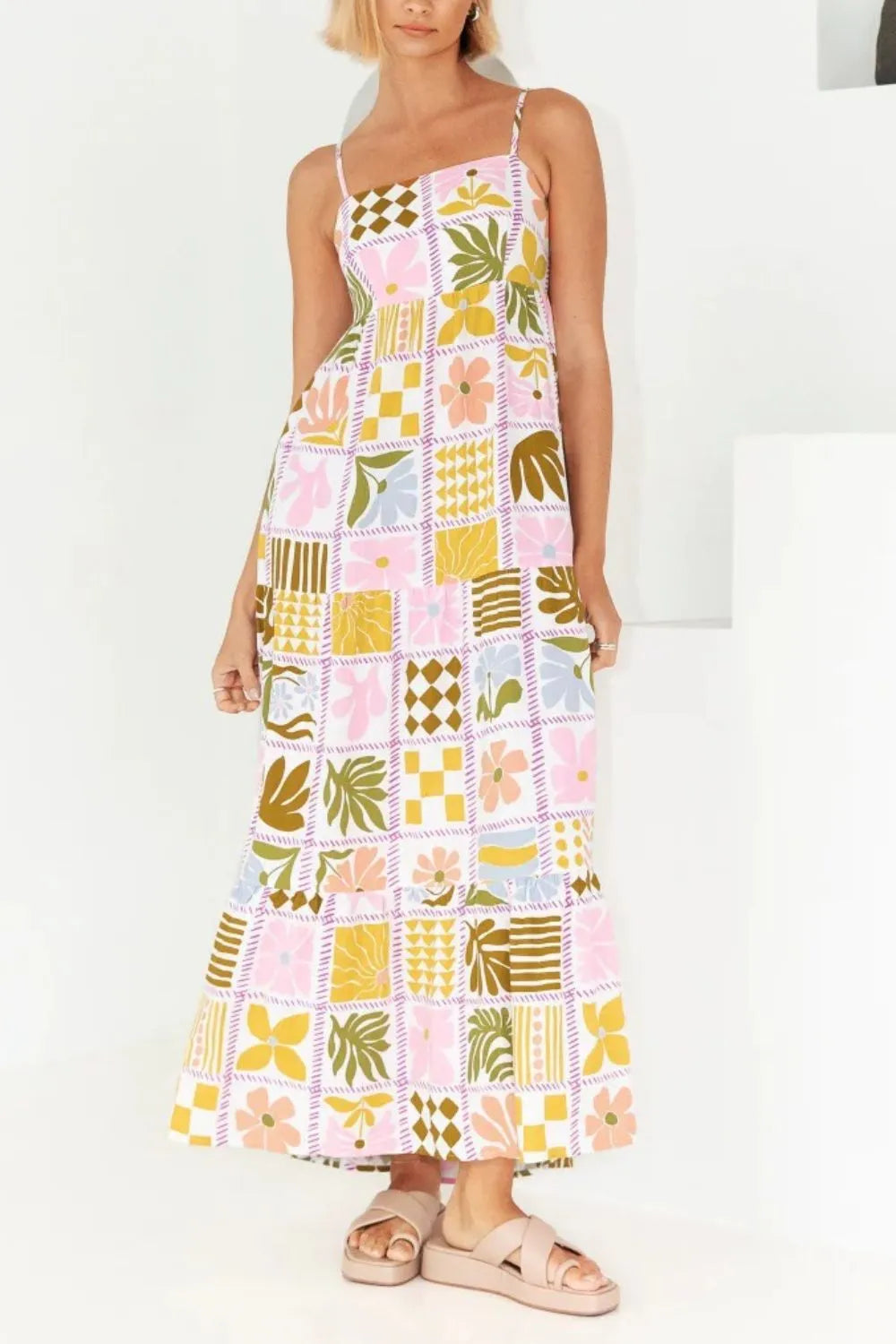 Cutout Back Printed Square Neck Maxi Cami Dress - Tigbul's Variety Fashion Shop
