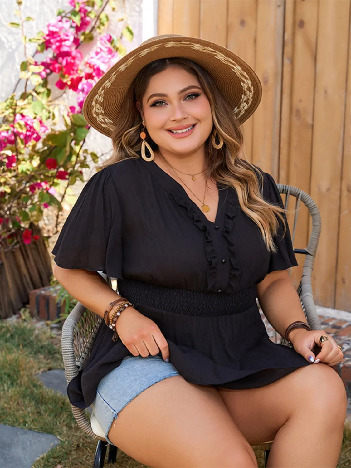 Plus Size Notched Short Sleeve Blouse - Tigbul's Variety Fashion Shop