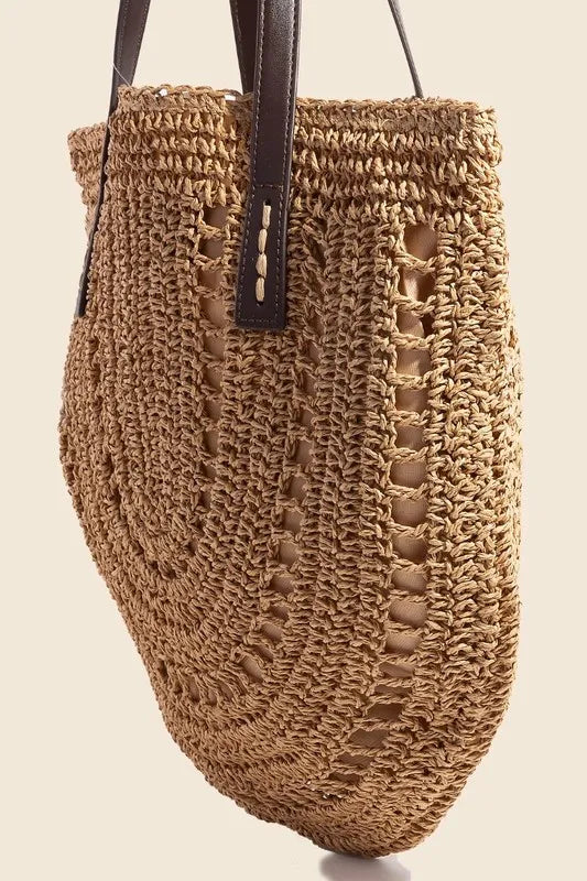 Tan Straw Braided Rounded Tote Bag - Tigbul's Variety Fashion Shop