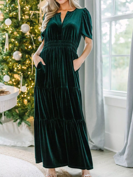 Velvet Tiered Short Sleeve Maxi Dress - Tigbul's Variety Fashion Shop