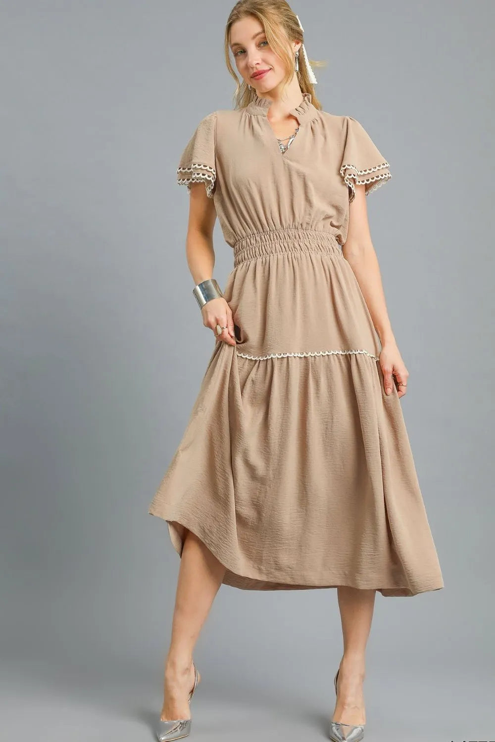 Umgee Tiered Flutter Sleeve Midi Dress - Tigbul's Variety Fashion Shop