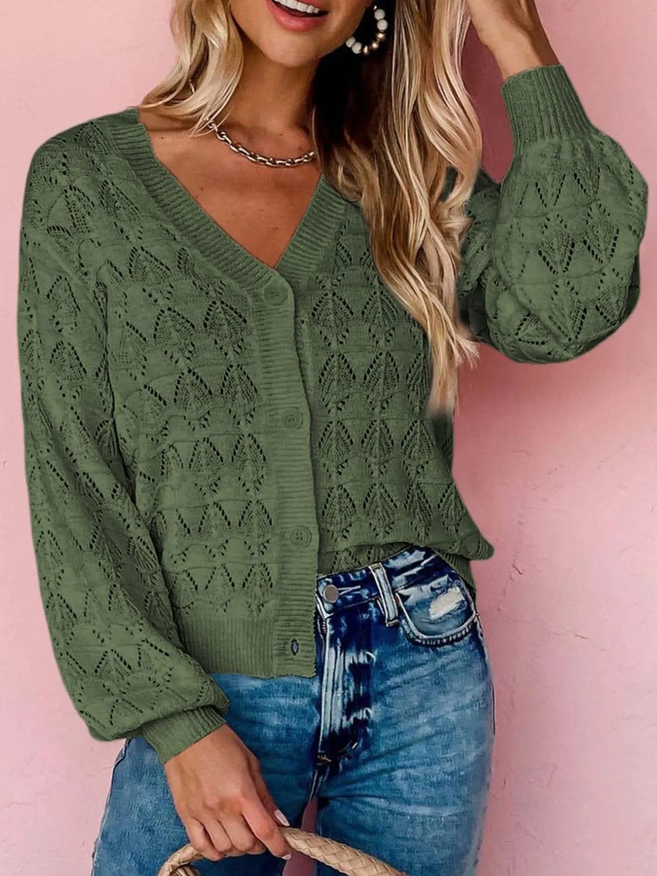 Openwork Button Up Cardigan - Tigbul's Variety Fashion Shop