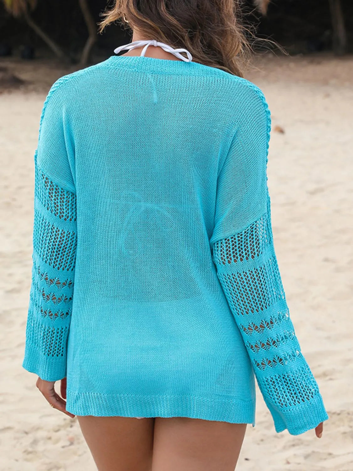Openwork Notched Long Sleeve Knit Cover Up - Tigbul's Variety Fashion Shop