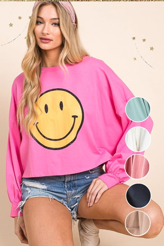 SMILEY FACE LONG SLEEVE CROP TOP - Tigbul's Variety Fashion Shop