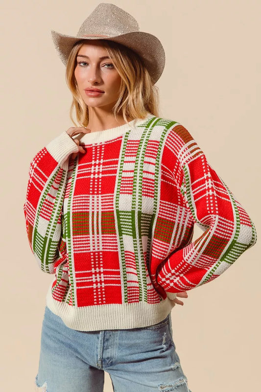 SO ME Christmas Color Checkered Plaid Crew Neck Sweater - Tigbul's Variety Fashion Shop