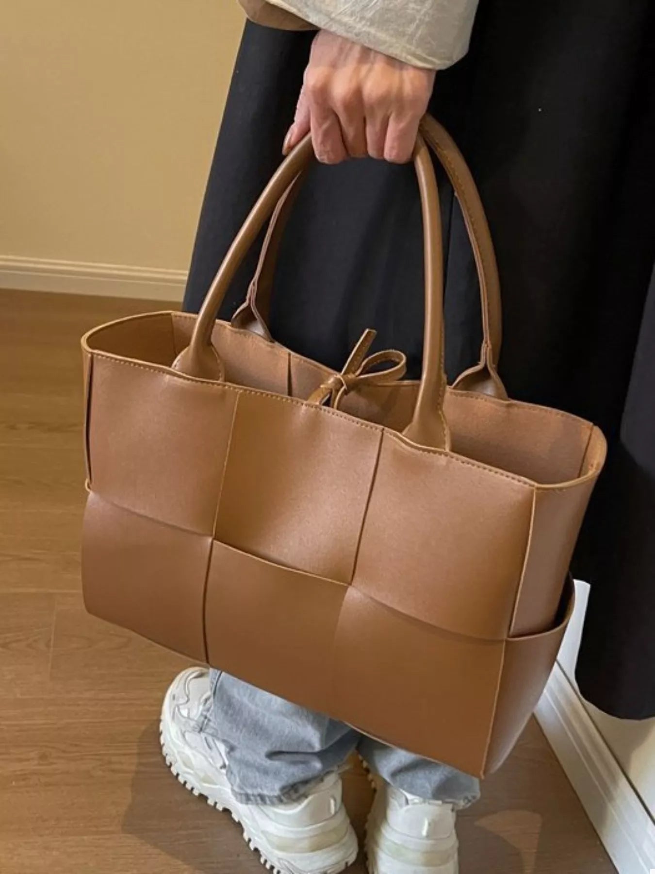 Woven Faux Leather Tote Bag - Tigbul's Variety Fashion Shop