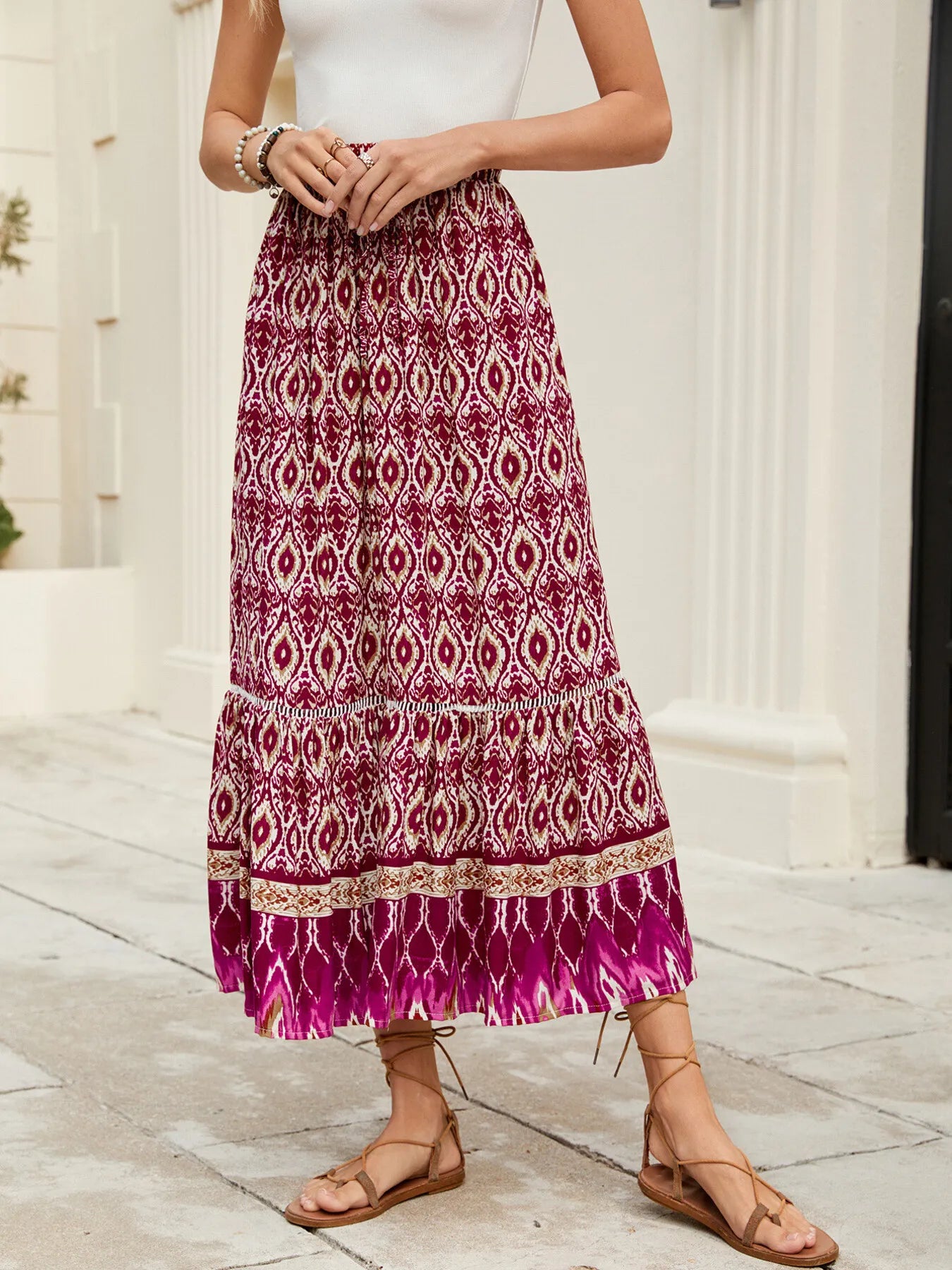 Bohemian Printed Ruched Maxi Skirt - Tigbul's Variety Fashion Shop