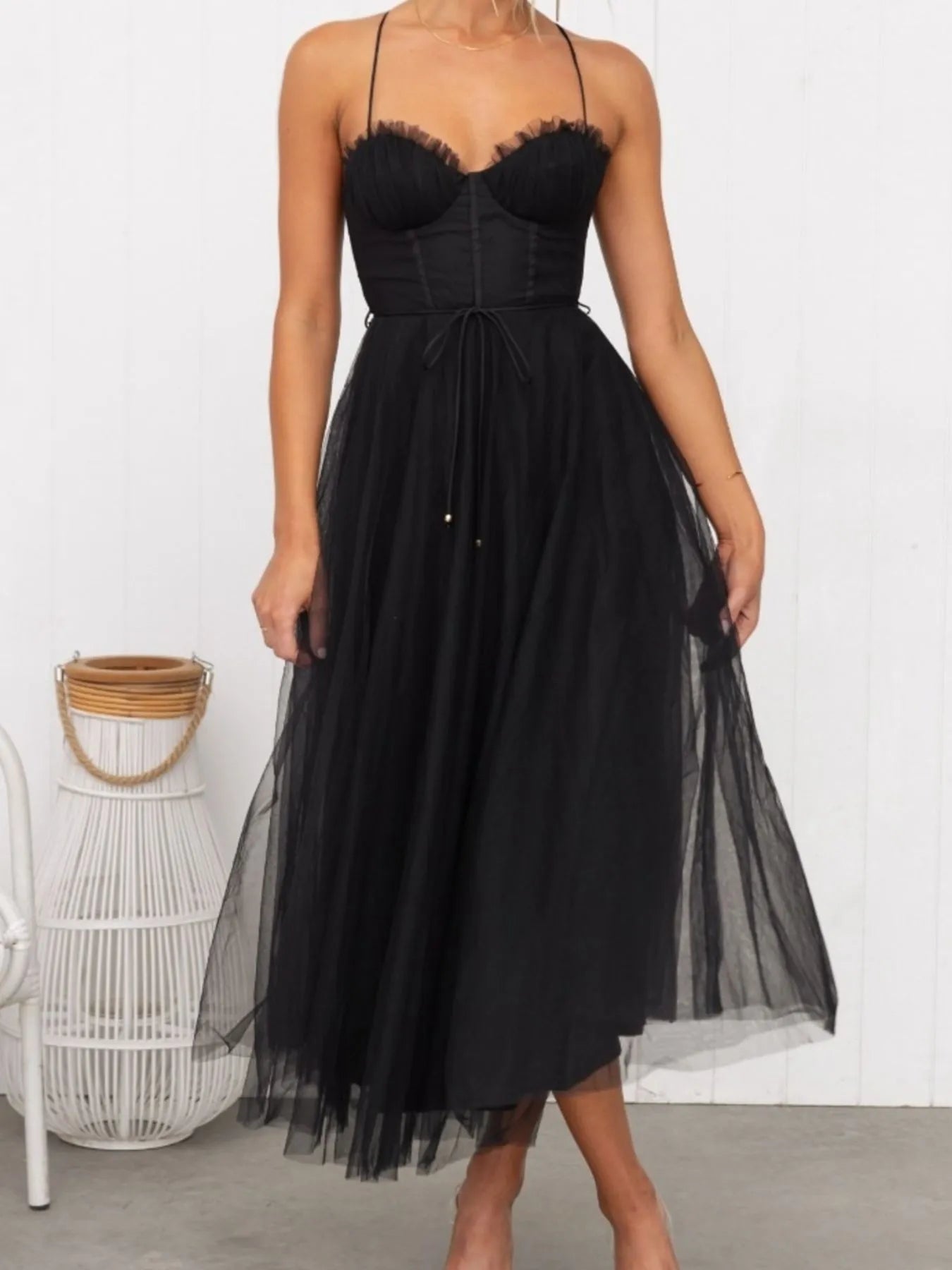 Sweetheart Neck Tulle Midi Dress - Tigbul's Variety Fashion Shop