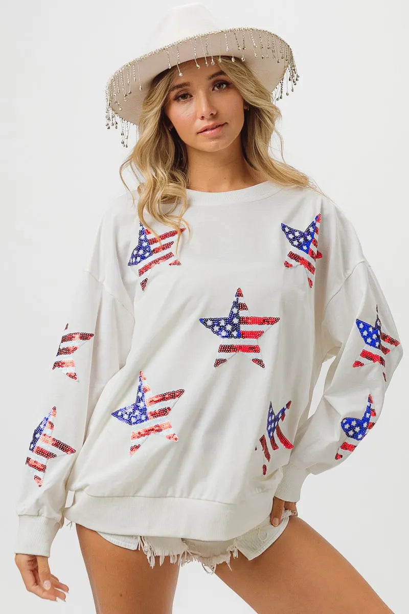 Off White American Flag Sequin Star Sweatshirt - Tigbul's Variety Fashion Shop