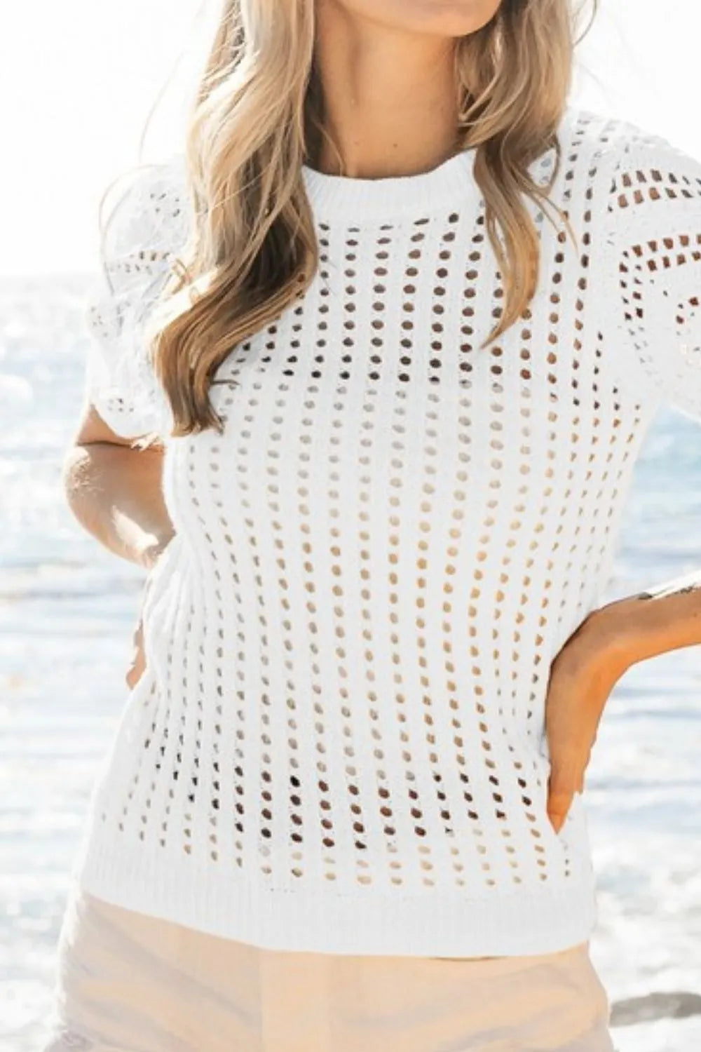 Crochet Knit Off White Cover Up With Puff Sleeves - Tigbul's Variety Fashion Shop
