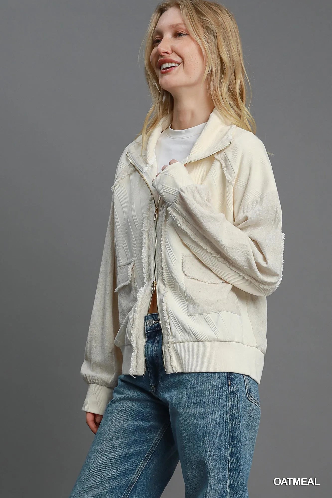 Umgee Two-Way Jacquard Zip-Up Jacket - Tigbul's Variety Fashion Shop
