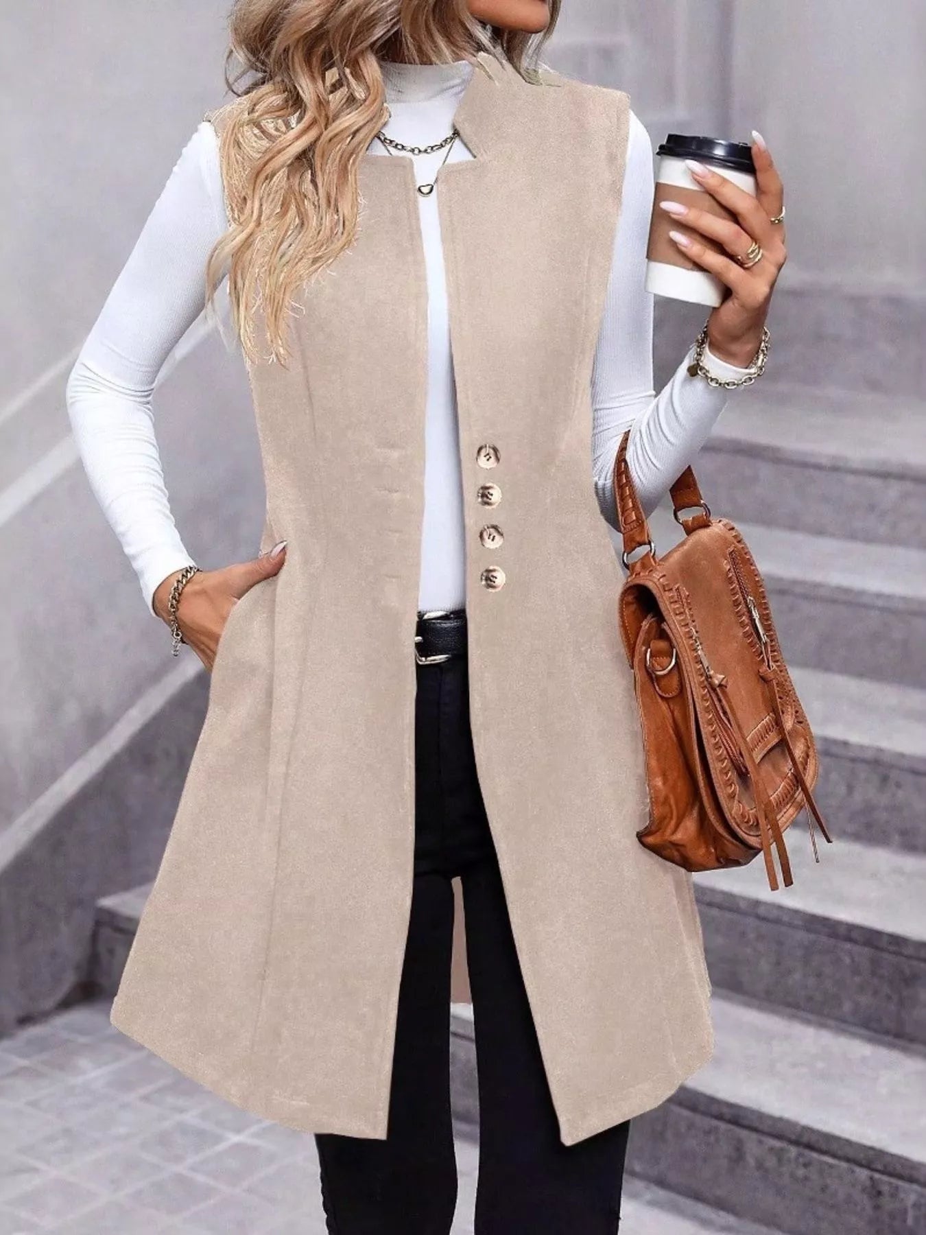 Button Up Sleeveless Longline Vest Coat - Tigbul's Variety Fashion Shop