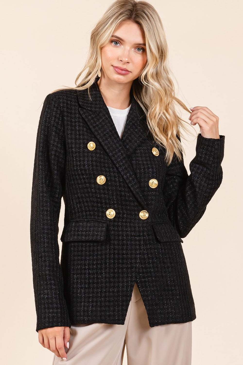 Mittoshop Plaid Texture Double-Breasted Long Sleeve Blazer - Tigbul's Variety Fashion Shop