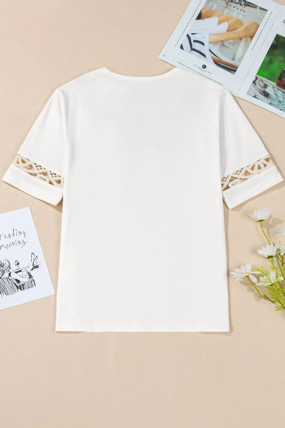 White Lace Crochet Crew Neck Casual T Shirt - Tigbul's Variety Fashion Shop