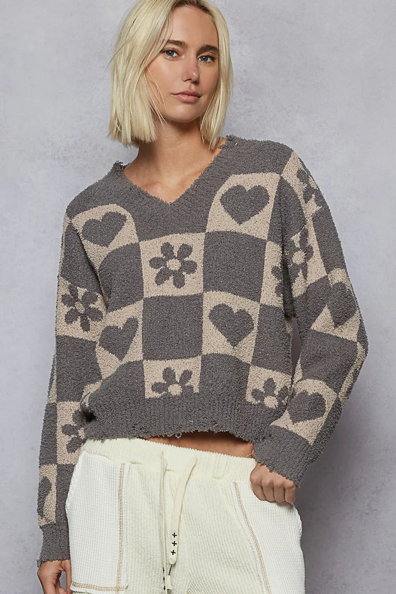 POL V-Neck Heart Pattern Checkered Sweater - Tigbul's Variety Fashion Shop