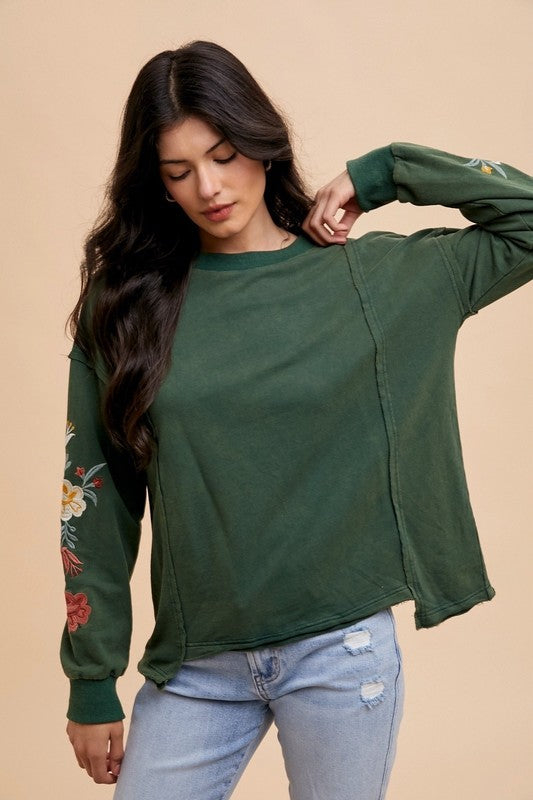 Embroidered Long Sleeve French Terry Top - Tigbul's Variety Fashion Shop