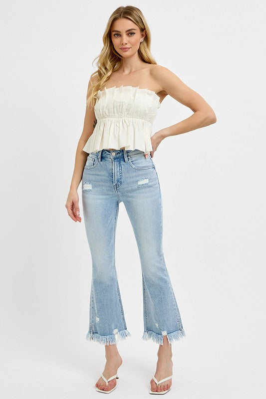 Light Blue Raw Hem Distressed Cropped Flare Jeans Plus Size - Tigbul's Variety Fashion Shop